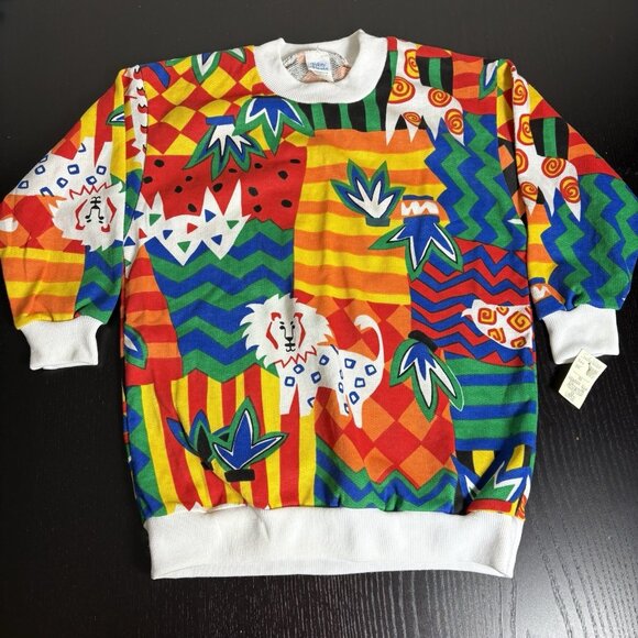 Vintage 80s Pretty Please Girls Kids Large L Pop Art Animal Crewneck Sweatshirt - Picture 1 of 10